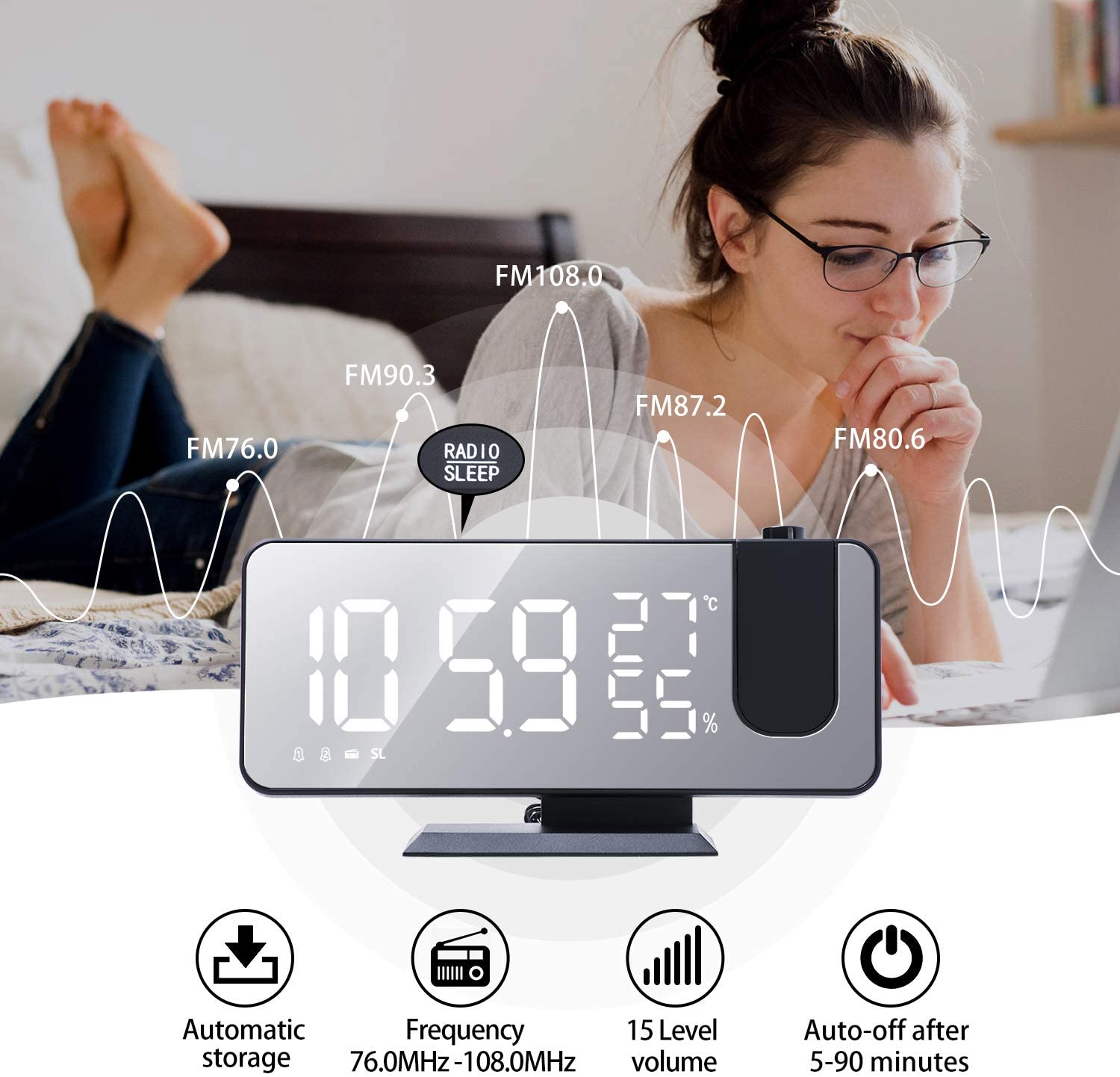 LED Projection Alarm Clock with Wireless Phone Charger & Temperature Display