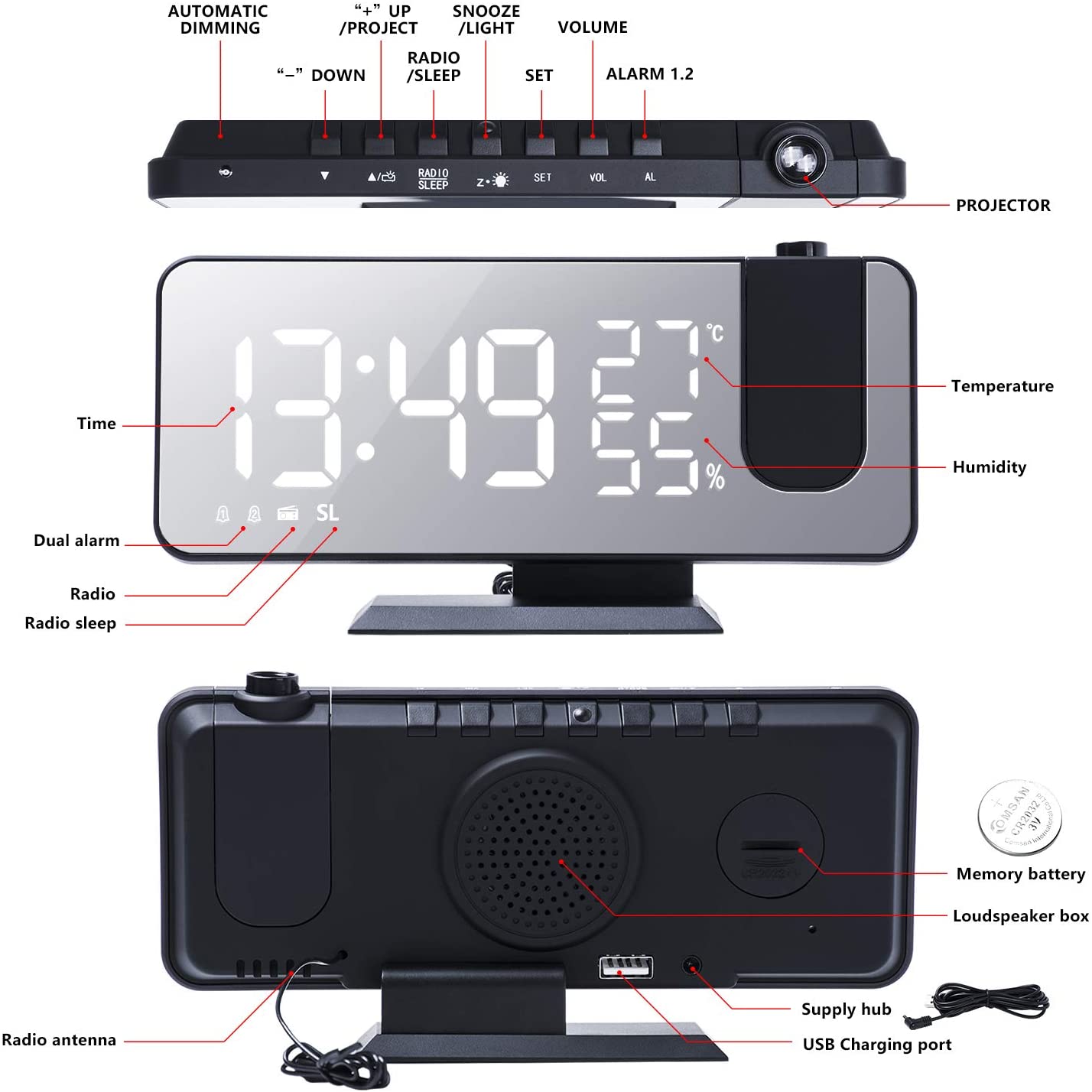 LED Projection Alarm Clock with Wireless Phone Charger & Temperature Display