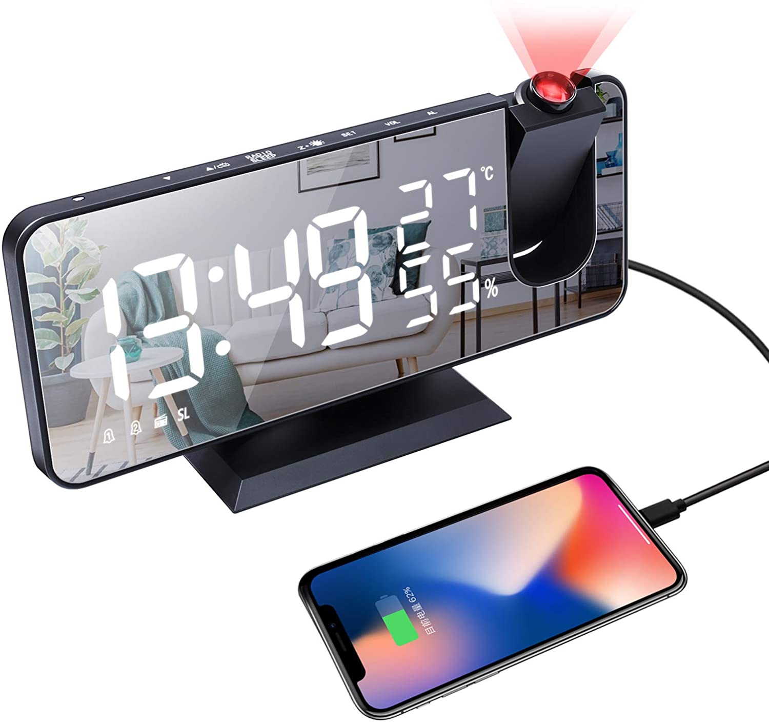 LED Projection Alarm Clock with Wireless Phone Charger & Temperature Display