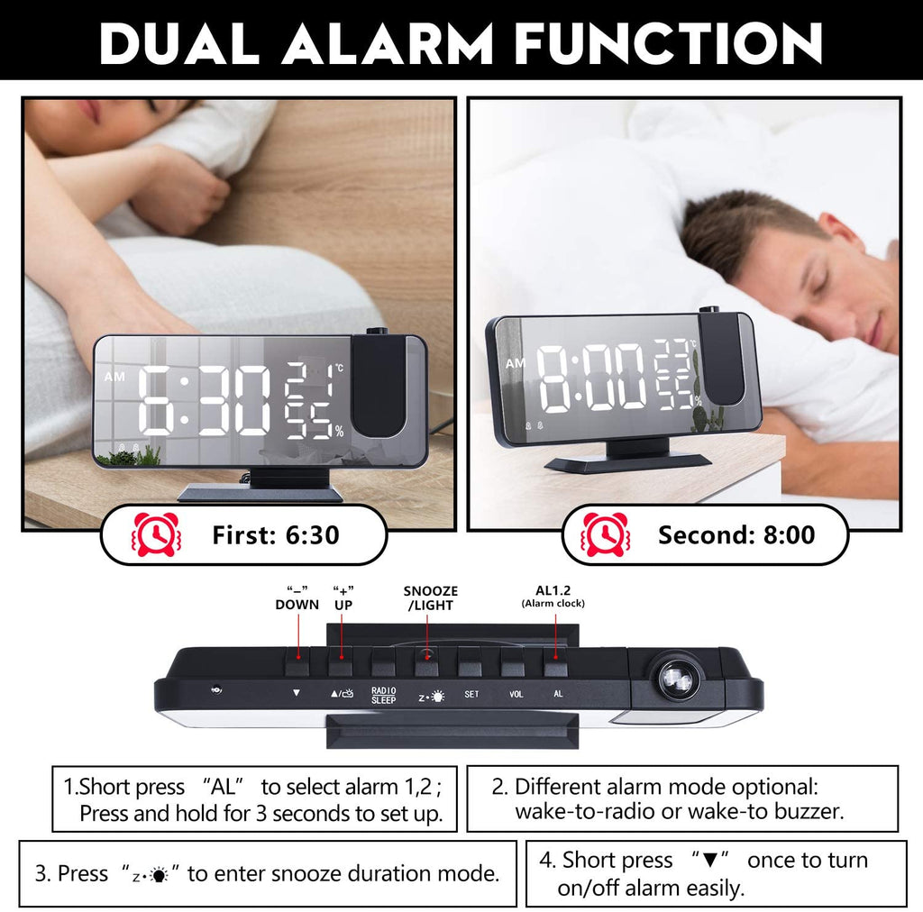LED Projection Alarm Clock with Wireless Phone Charger & Temperature Display