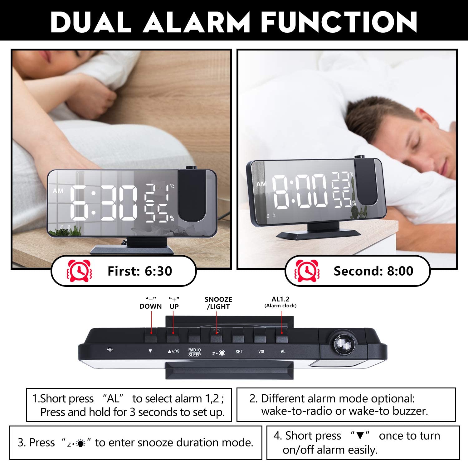 LED Projection Alarm Clock with Wireless Phone Charger & Temperature Display