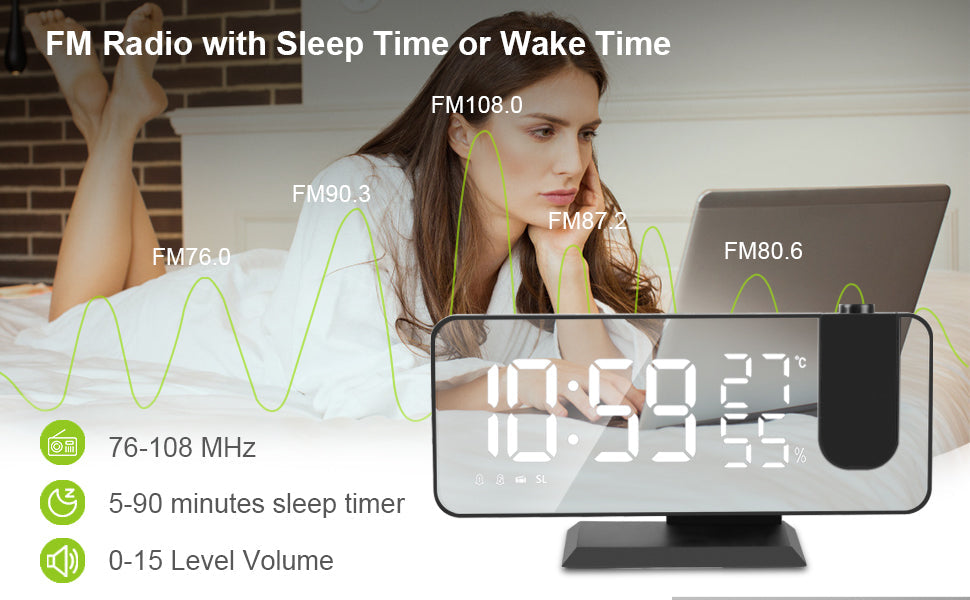 LED Projection Alarm Clock with Wireless Phone Charger & Temperature Display