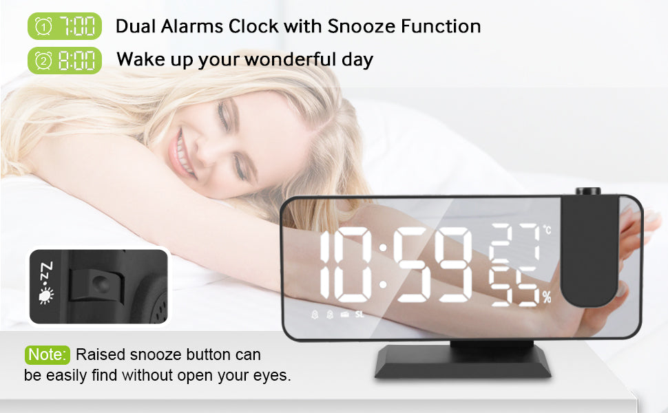 LED Projection Alarm Clock with Wireless Phone Charger & Temperature Display