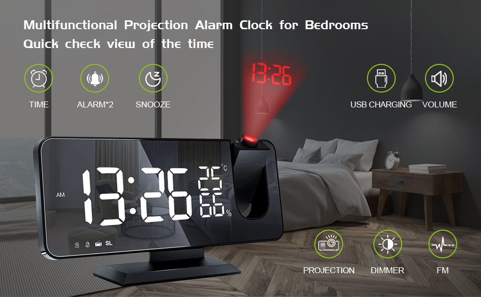 LED Projection Alarm Clock with Wireless Phone Charger & Temperature Display